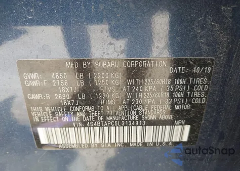 2020 Subaru Outback Touring z USA, uszkodzony, nr VIN 4S4BTAPC5L3134913